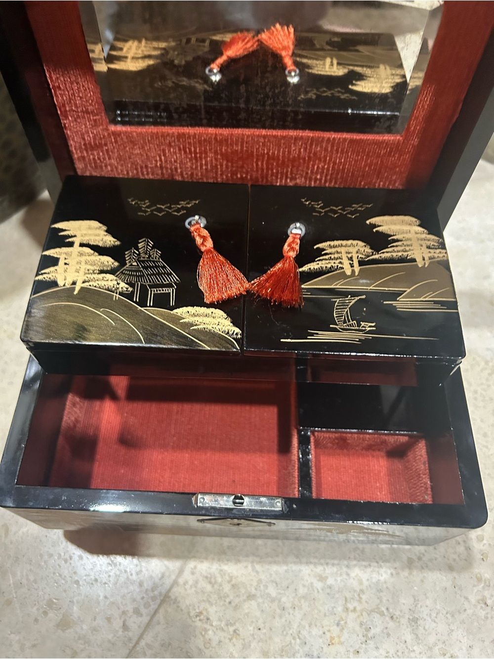 Vintage Black Lacquered Asian Musical Jewelry Box - Picture 11 of 16